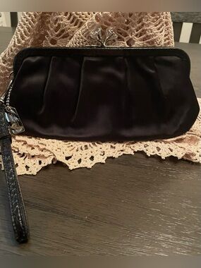Coach Black Satin Kisslock Clutch Wristlet with silver handtag